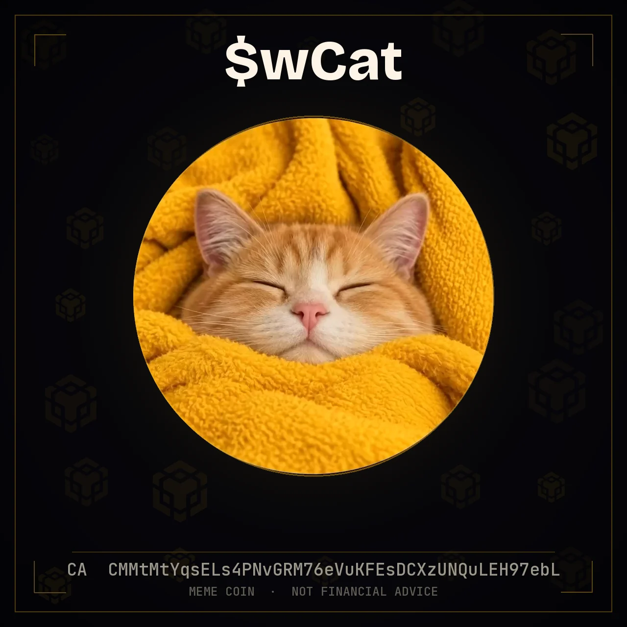 A cat asleep on a golden blanket. Once wrapped, only its pink nose is left out.